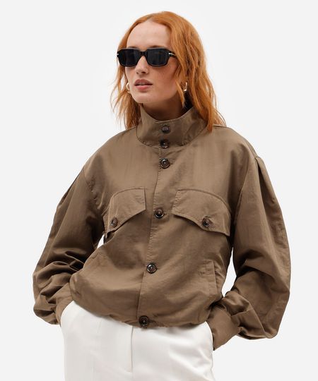 jaqueta feminina poliamida funnel neck com bolsos bege G