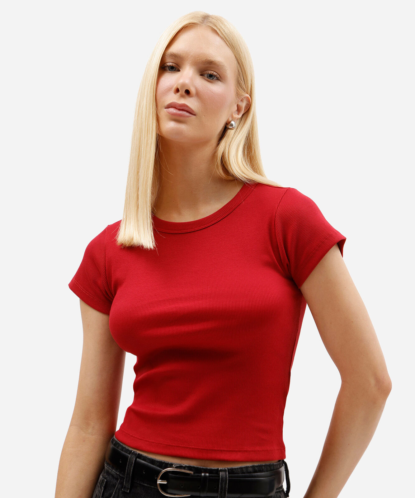 blusa baby look feminina de algodão manga curta canelada vermelha
