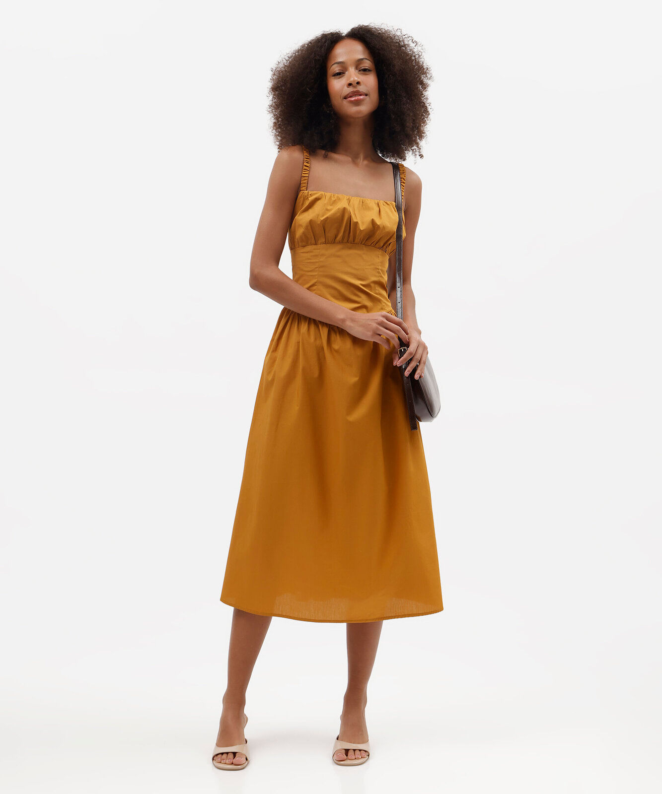 vestido midi feminino de algodão franzido amarelo