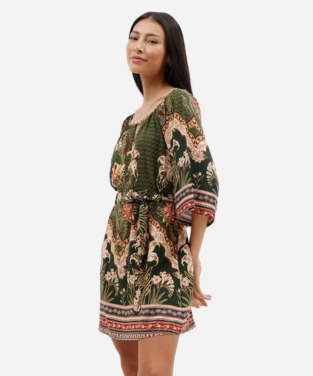 vestido curto feminino de viscose com faixa floral verde PP