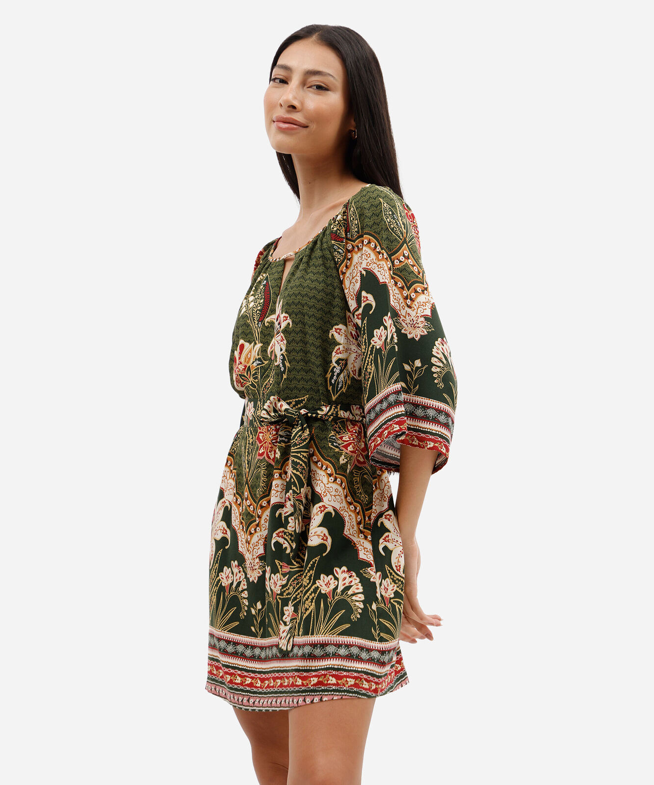 vestido curto feminino de viscose com faixa floral verde