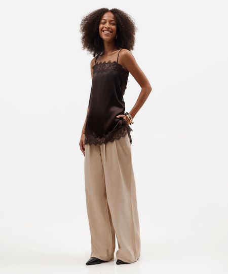calça wide leg feminina de sarja com pregas cintura média bege 38