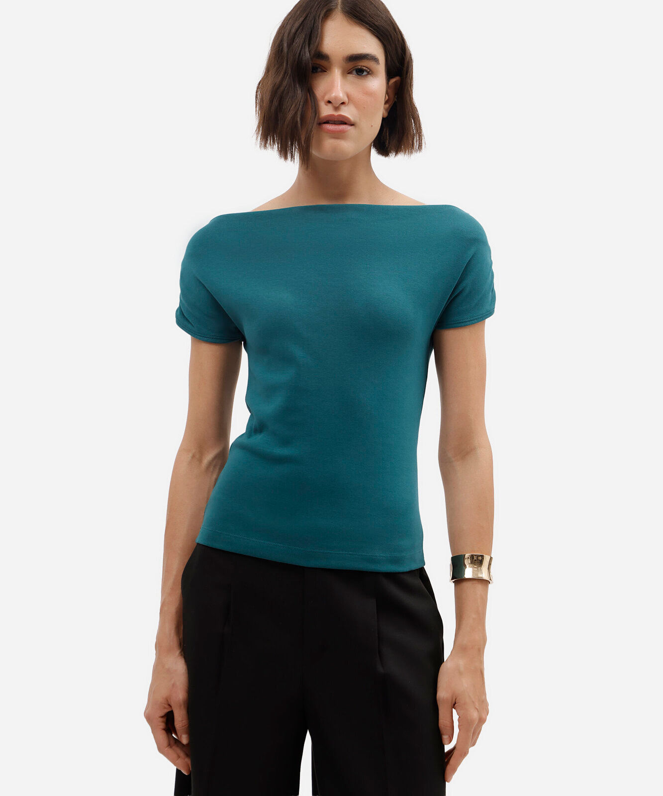 blusa feminina de algodão ombro a ombro manga curta azul