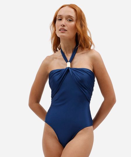 maiô frente única feminino de poliamida franzido azul M