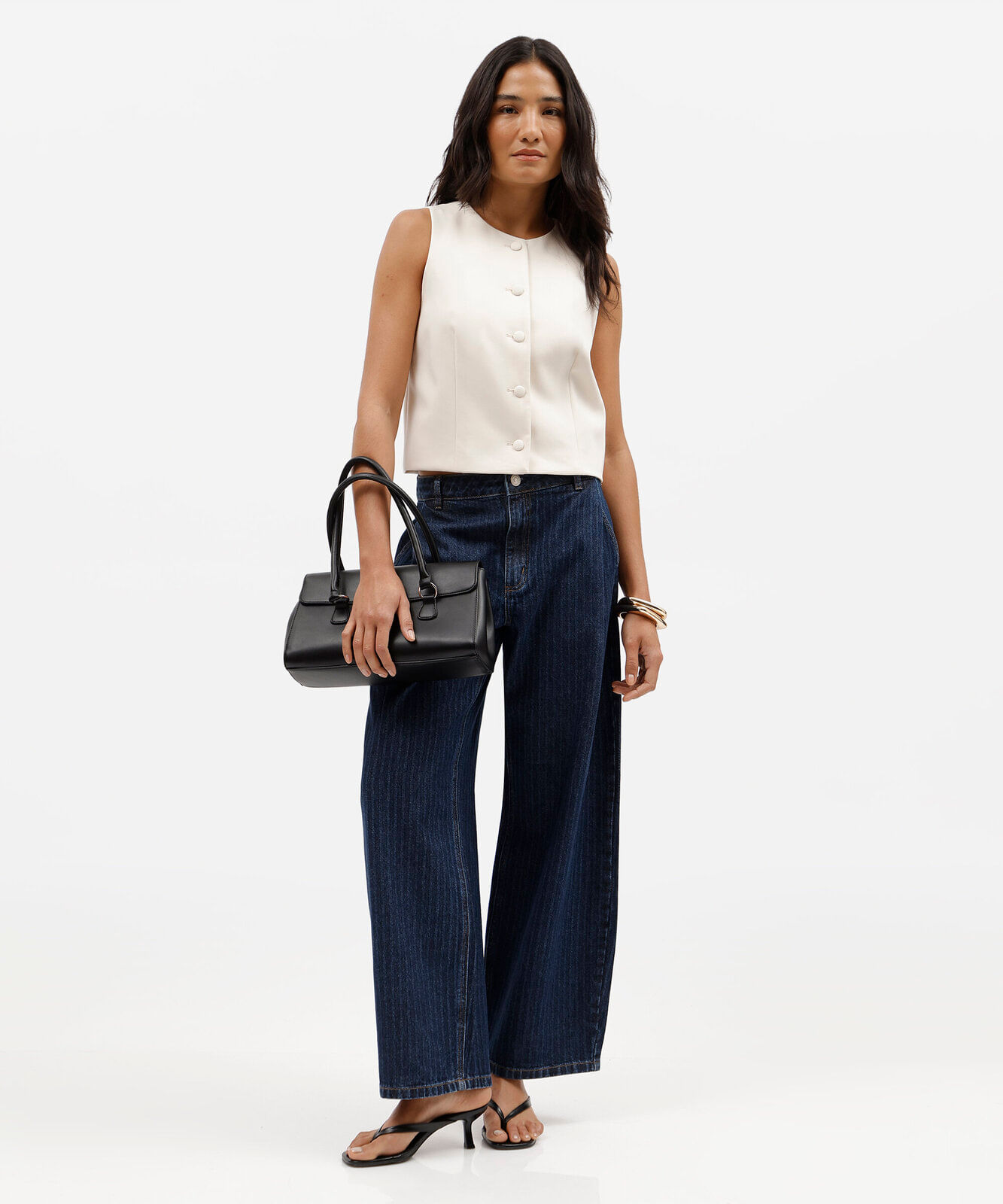 calça balloon feminina jeans cintura média com pregas listrada azul