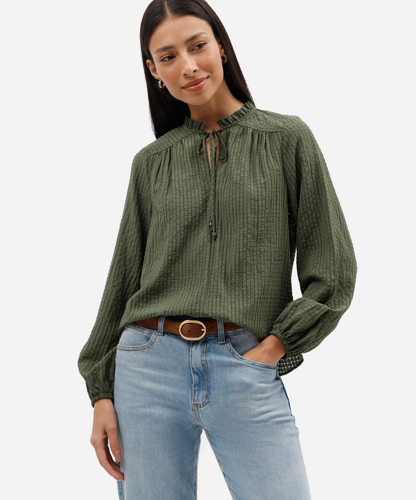 bata feminina manga longa xadrez com babado verde