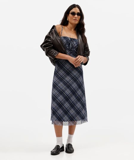 vestido midi alça fina feminino de tule franzido xadrez azul PP