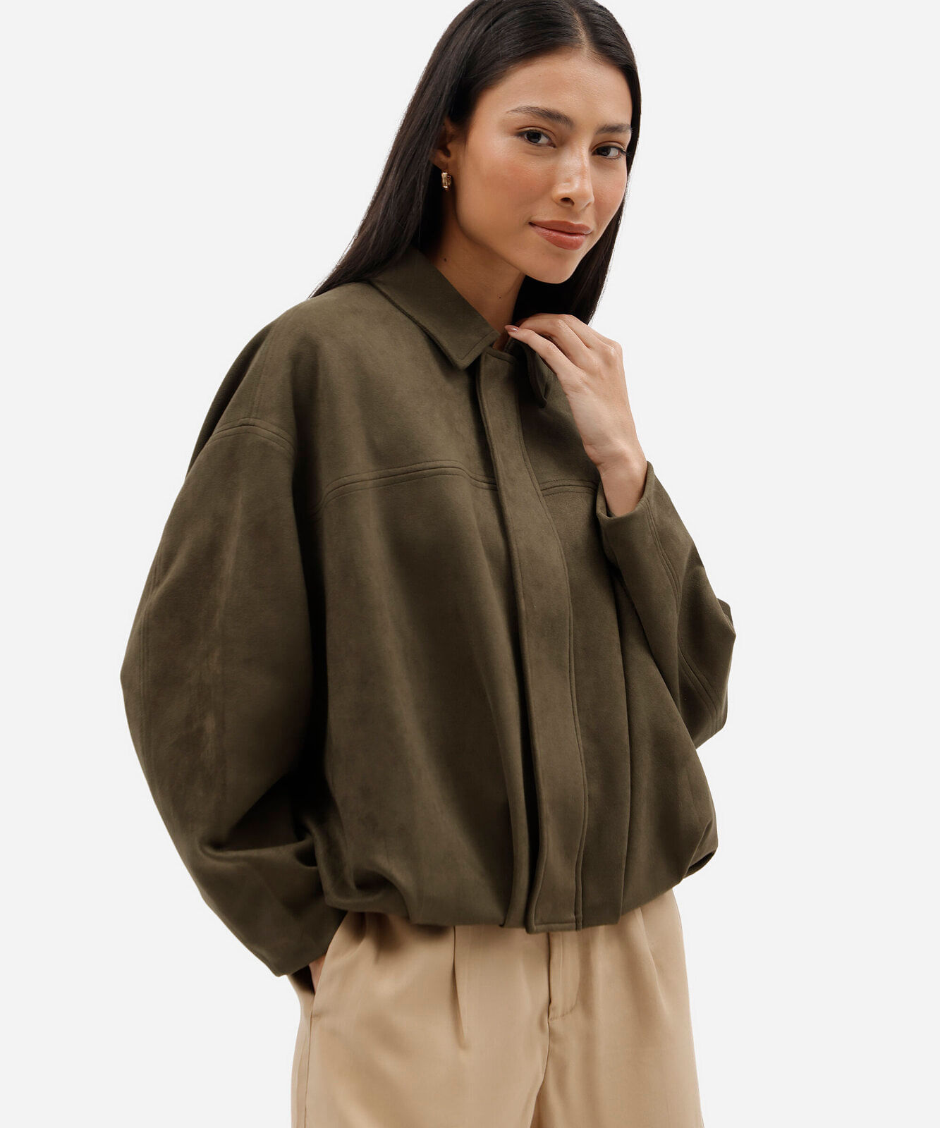 jaqueta balonê oversized feminina de suede verde