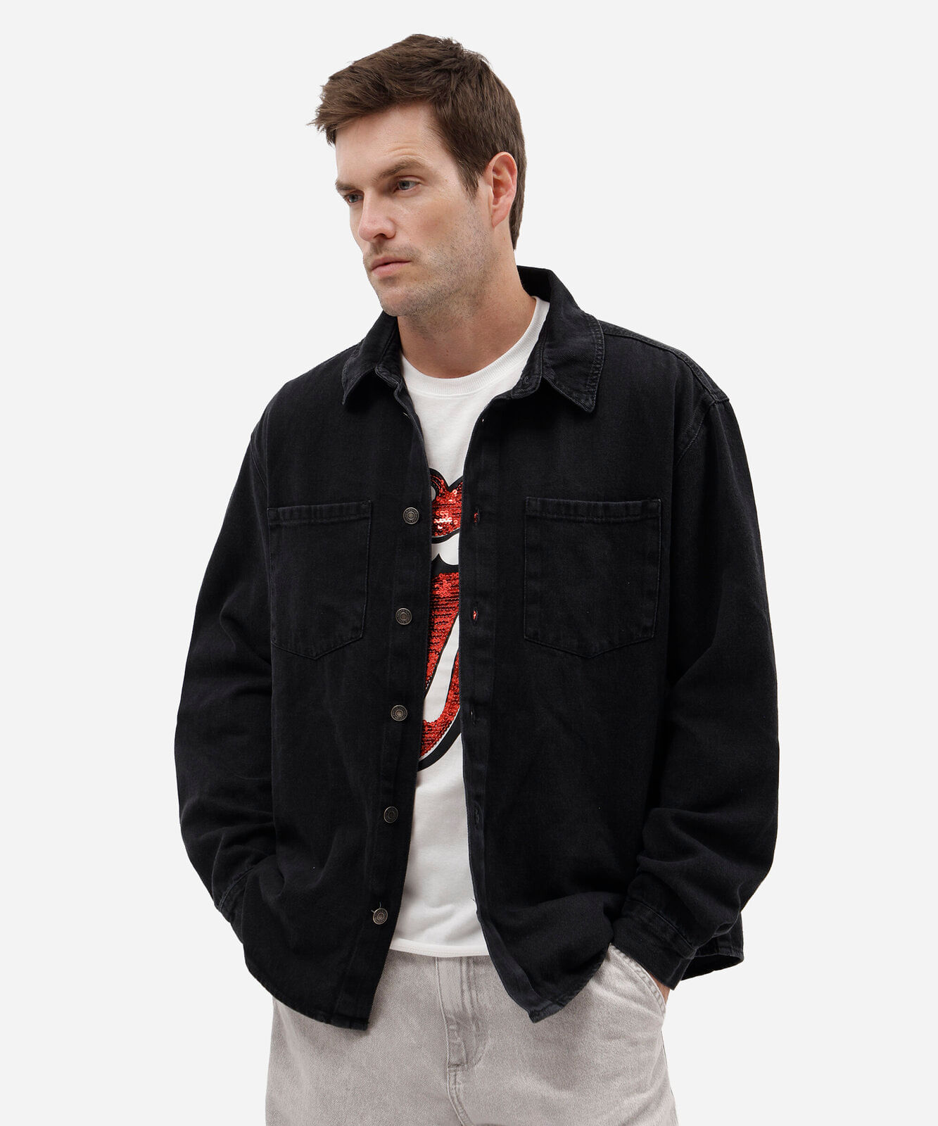 camisa overshirt masculina jeans manga longa estampada preta