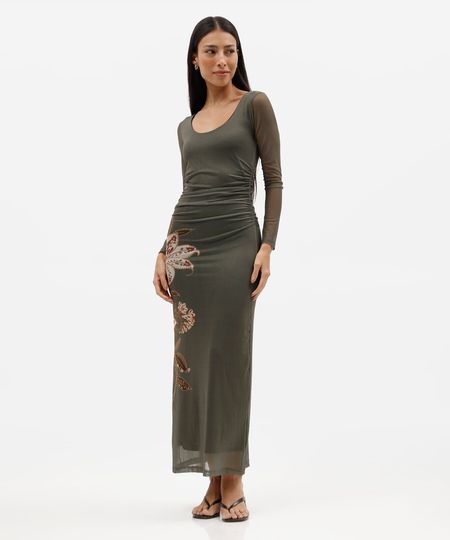 vestido longo feminino de tule manga longa franzido floral verde PP