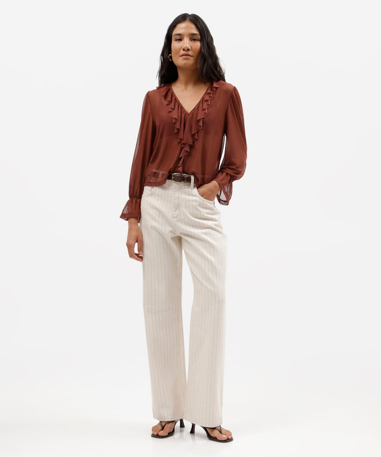 calça wide leg slim feminina de sarja cintura alta listrada bege