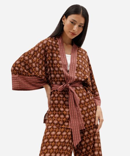 kimono feminino de viscose étnica com amarração marrom UNICO