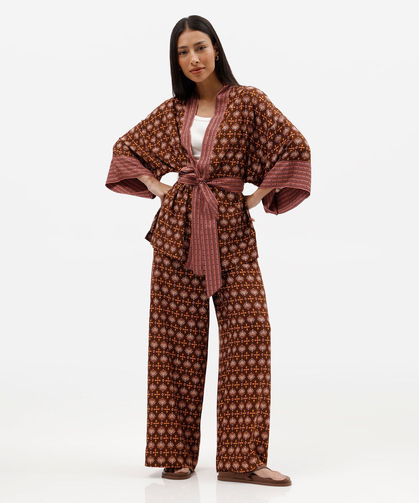 calça wide leg feminina de viscose étnica marrom