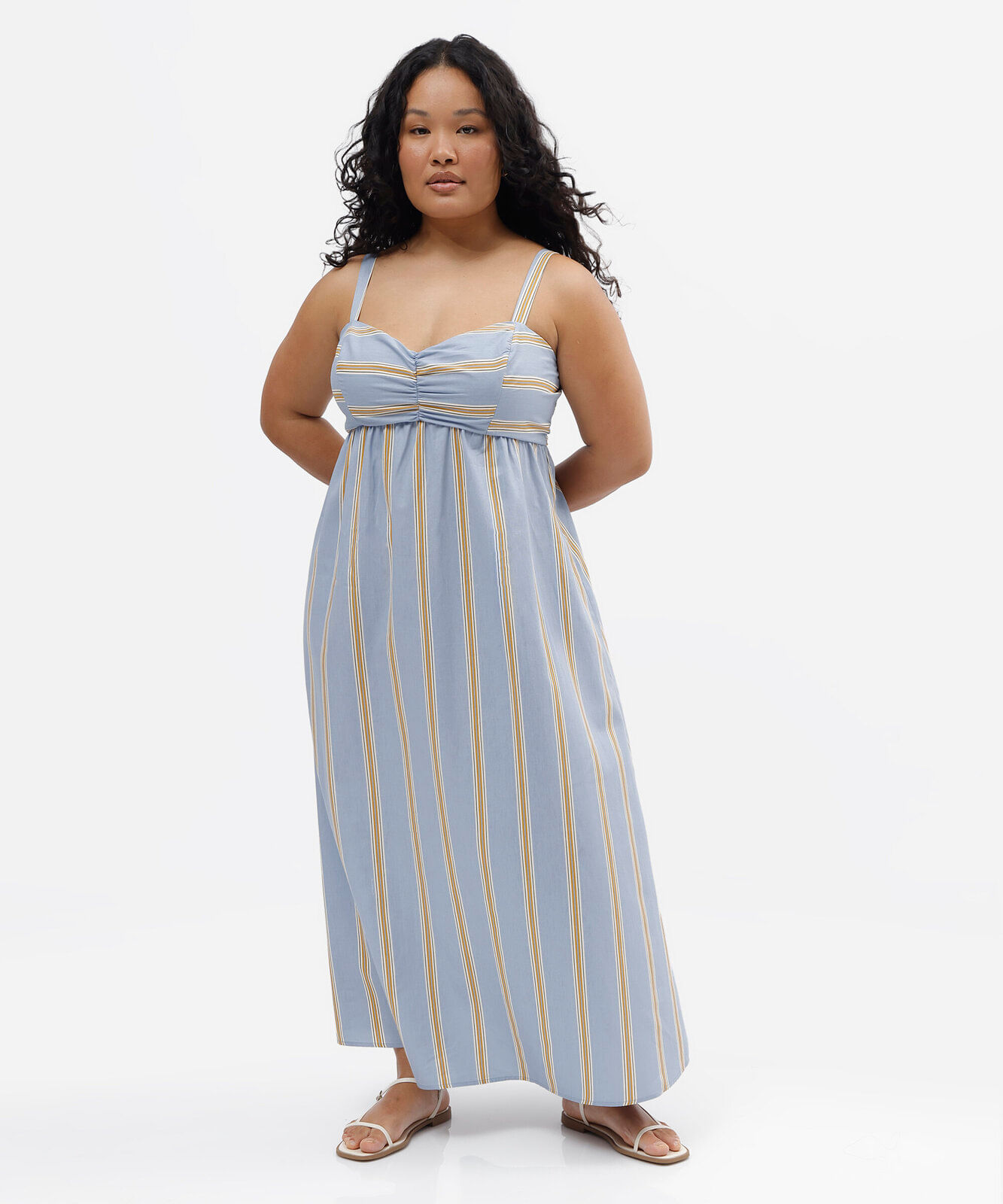 vestido longo alça fina feminino de algodão listrado plus size azul