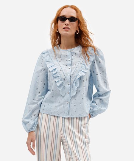 camisa feminina de laise manga longa com babado azul G