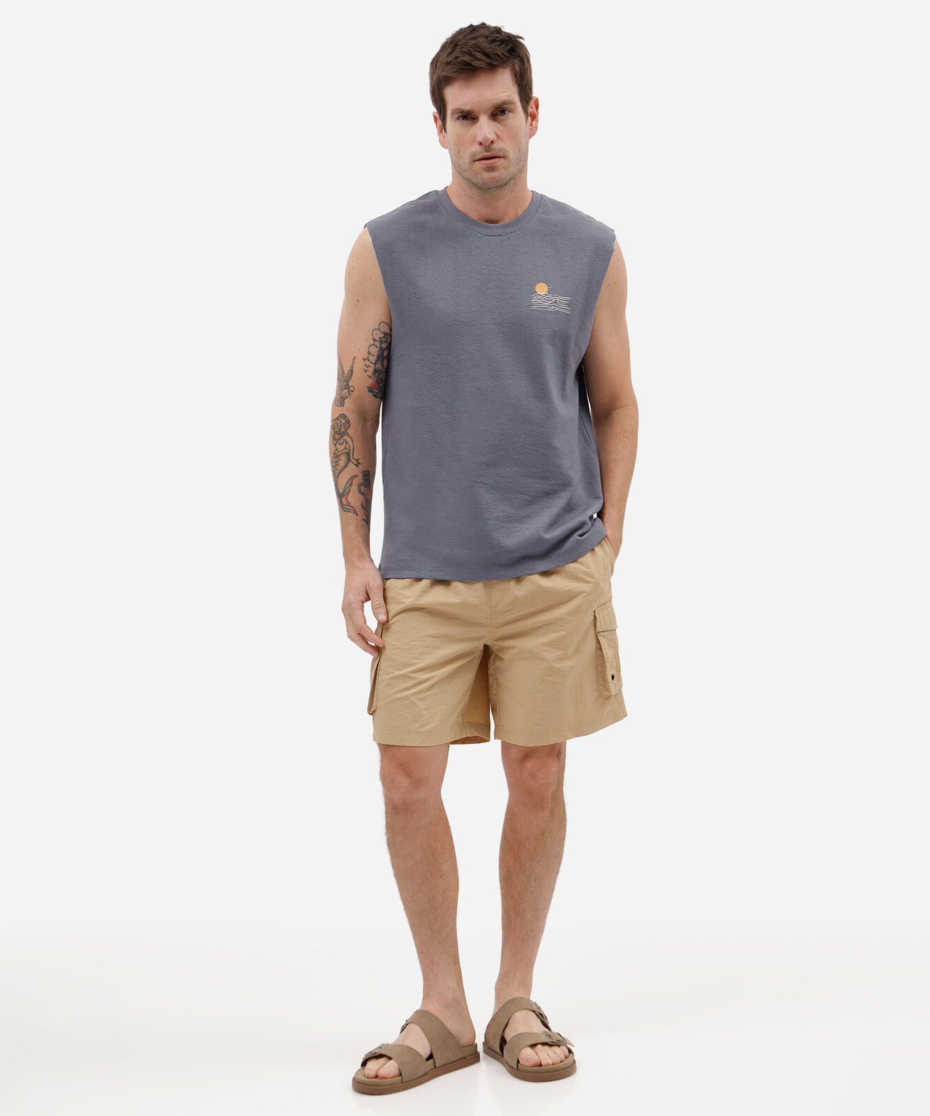 short cargo masculino de poliamida cós elástico bege