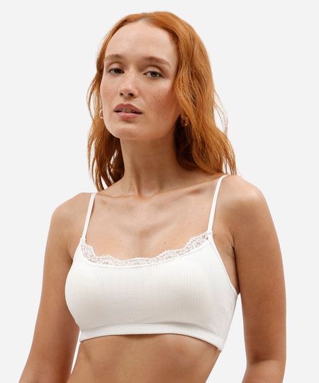 sutiã top feminino canelado com renda off white M