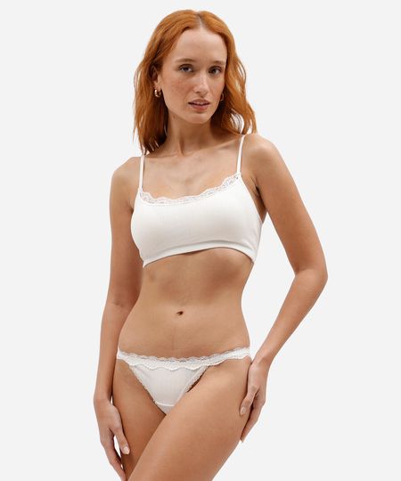 calcinha fio dental feminina com renda canelada off white P