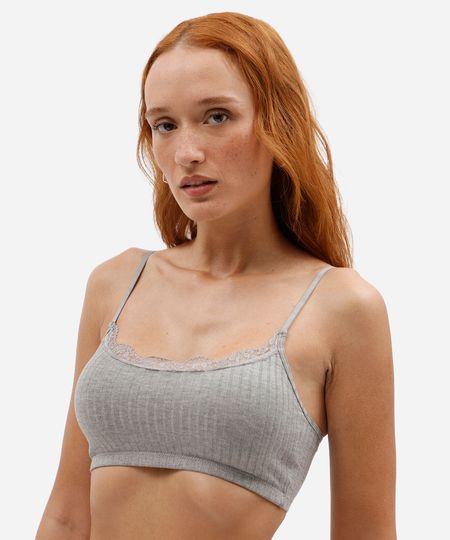 sutiã top feminino com viscose e renda canelado cinza P