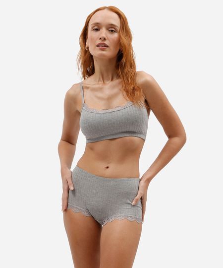 calcinha boyshort feminina com renda canelada cinza GG