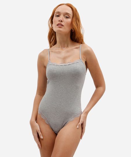 body feminino de viscose com renda canelado cinza M