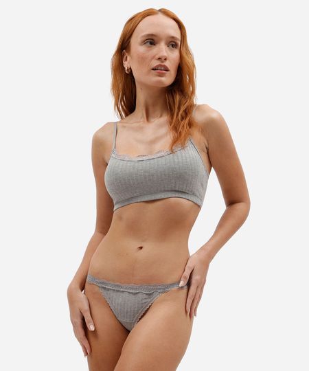 calcinha fio dental feminina de viscose canelada cinza P