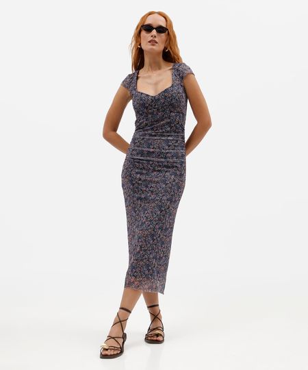 vestido midi feminino de tule manga curta floral franzido azul PP