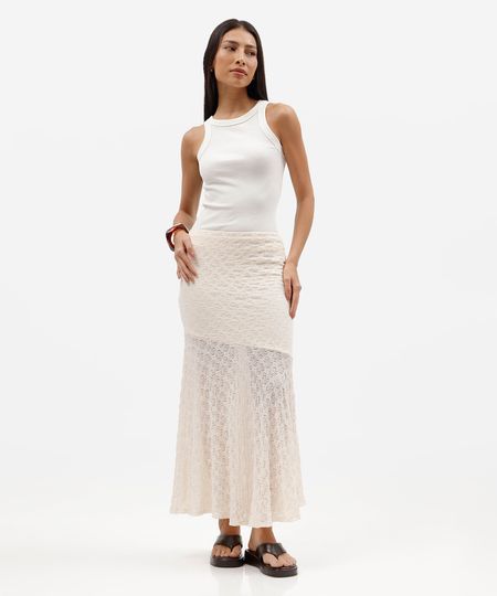 saia midi feminina renda com recorte floral off white P