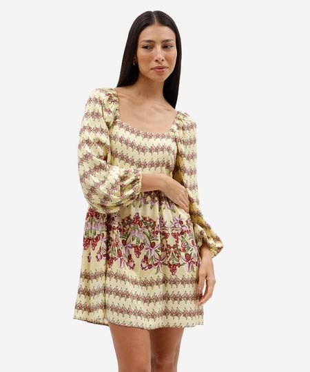 vestido curto feminino de viscose manga longa floral amarelo PP