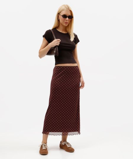 saia midi feminina de tule poá marrom PP