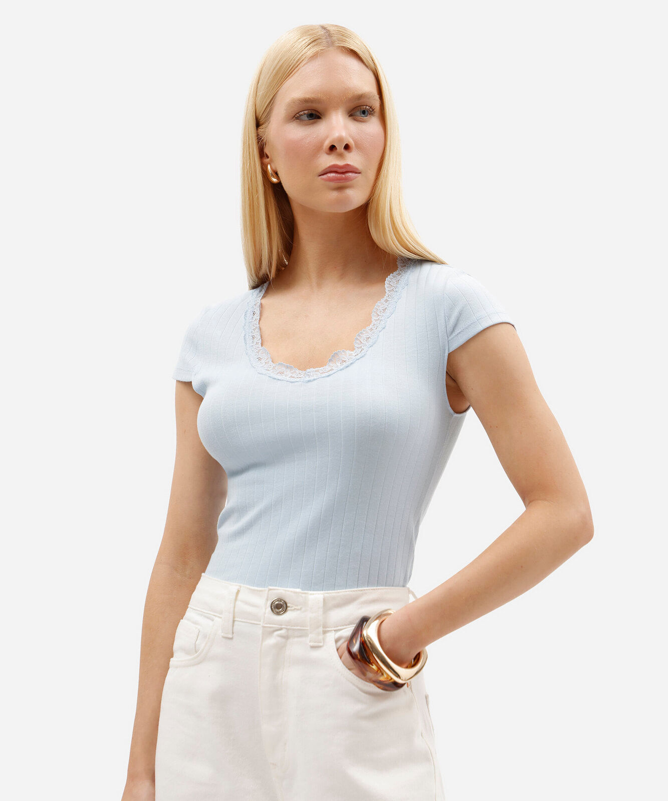 blusa baby look feminina de algodão com renda manga curta azul