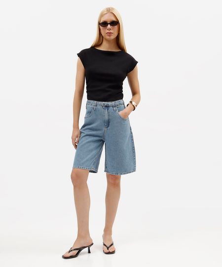 bermuda reta feminina jeans cintura média com cinto azul 34