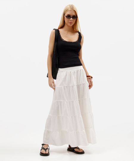 saia longa feminina evasê de sarja com recortes cós elástico off white 44