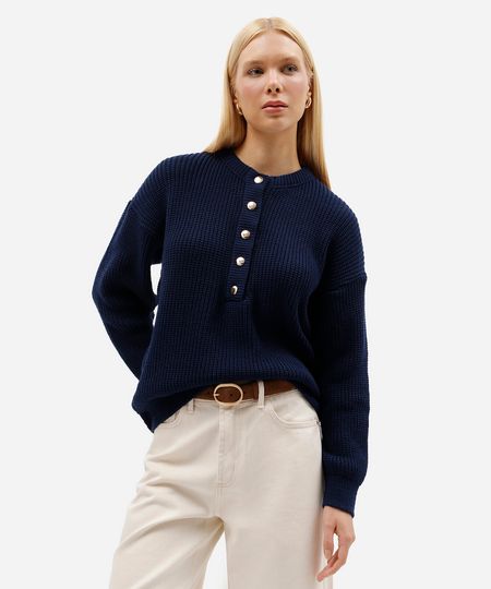 suéter feminino de tricot canelado com gola alta e botões azul M