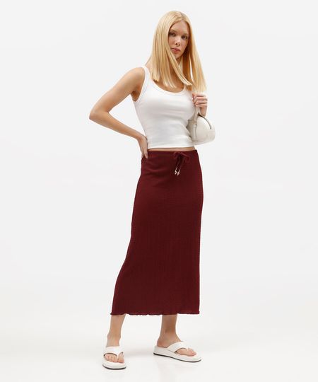 saia midi reta feminina com cordão texturizada vinho PP