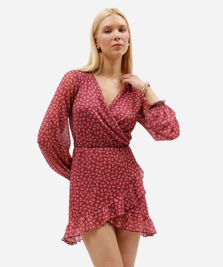 vestido curto feminino de tule decote v manga longa floral vinho PP
