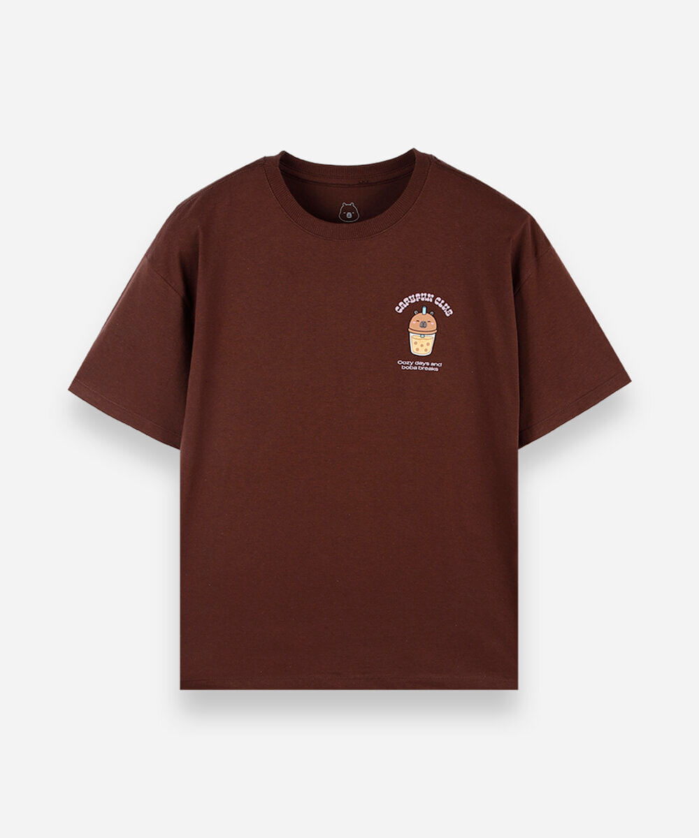 camiseta juvenil manga curta oversized capivara marrom