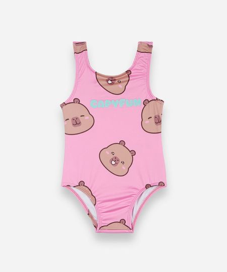 maiô infantil com estampa de capivara capyfun e proteção uv rosa 12