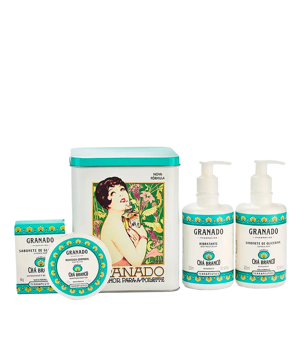 kit granado com lata chá branco