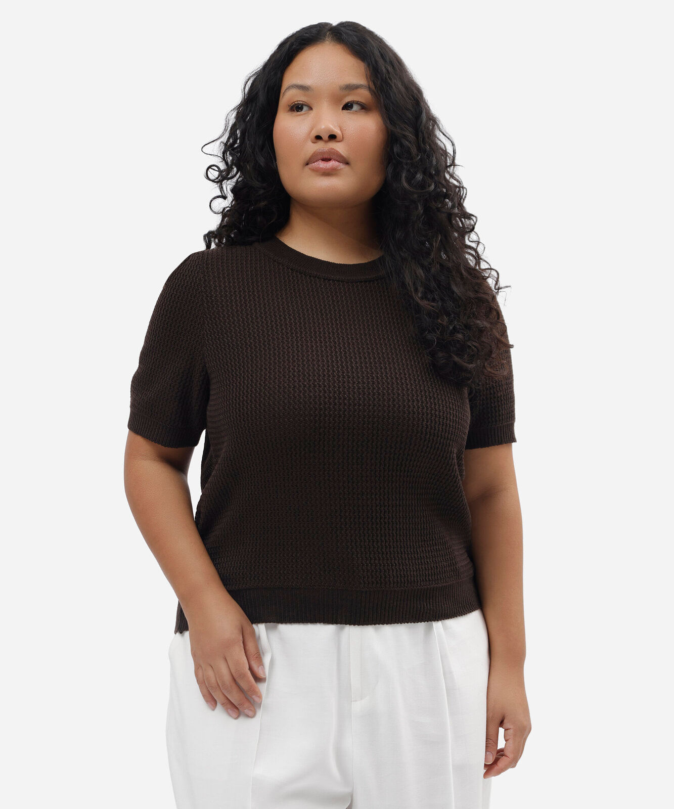 blusa feminina de tricot manga bufante texturizada plus size marrom