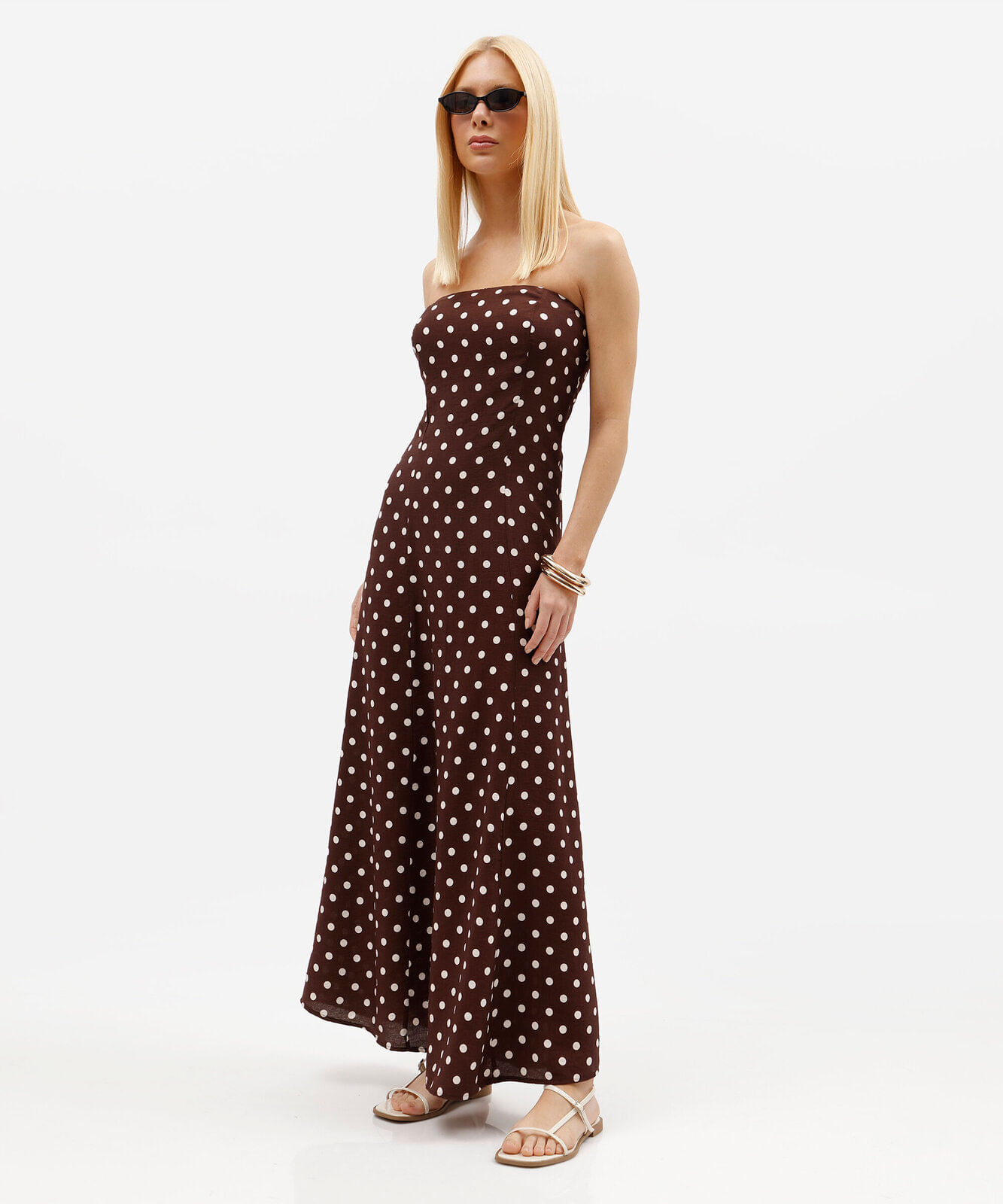 vestido longo feminino com viscose sem alça poá marrom