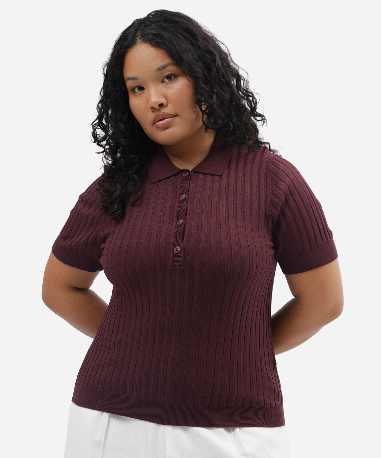 polo feminina de tricot manga curta canelada plus size vinho