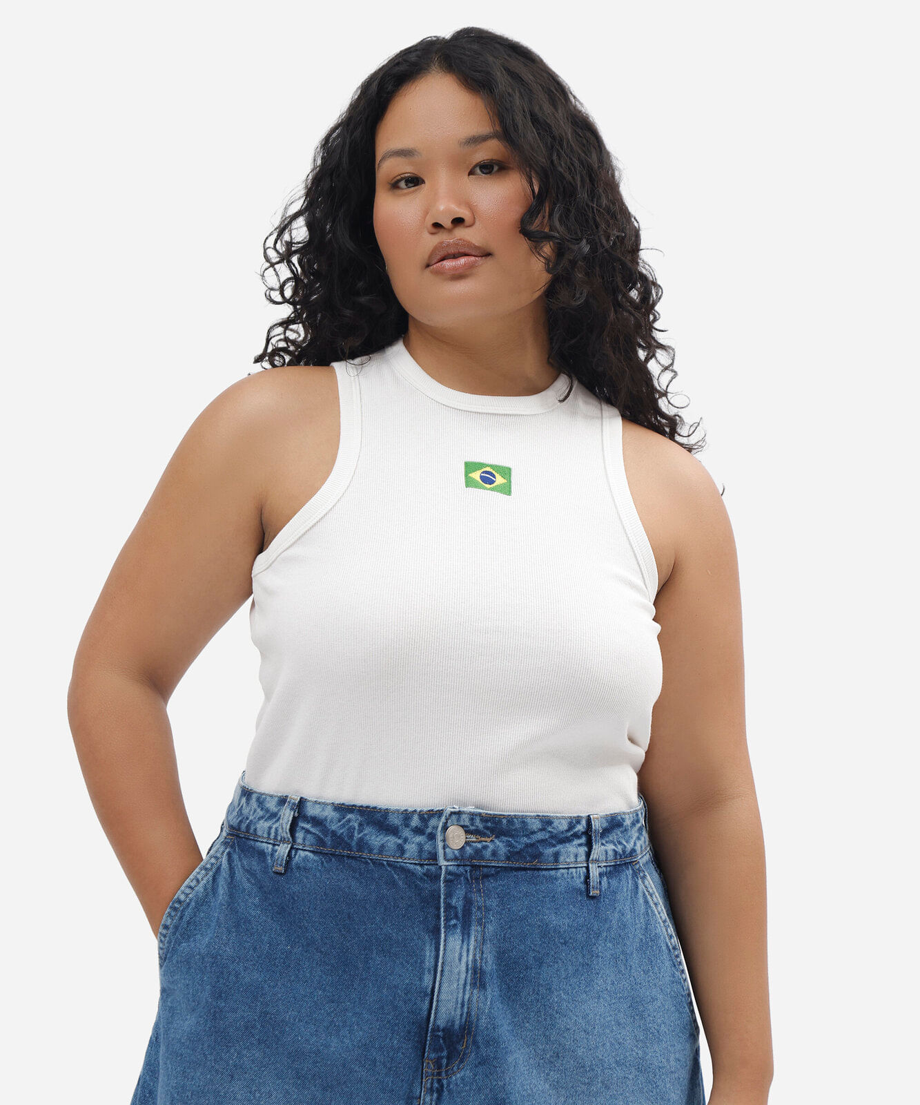 regata feminina de algodão com bordado brasil plus size off white