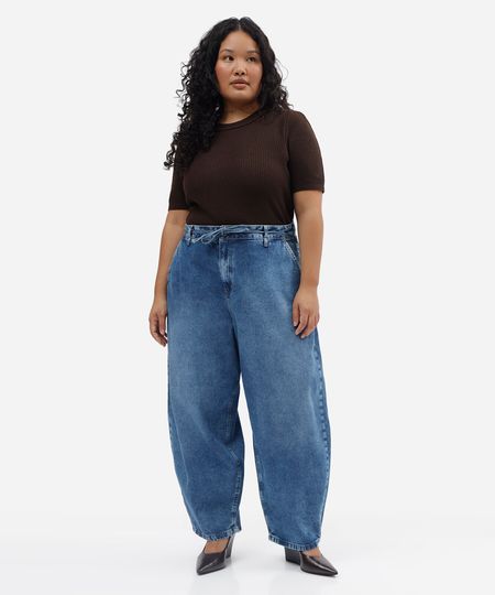 calça barrel feminina jeans com cordão plus size azul 48