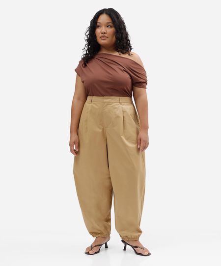 calça aladim feminina com algodão e pregas cós elástico plus size bege 46