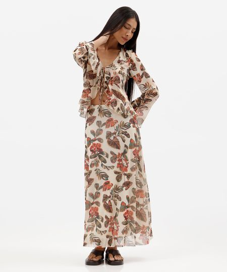 saia midi feminina de tule folhagens amarela P