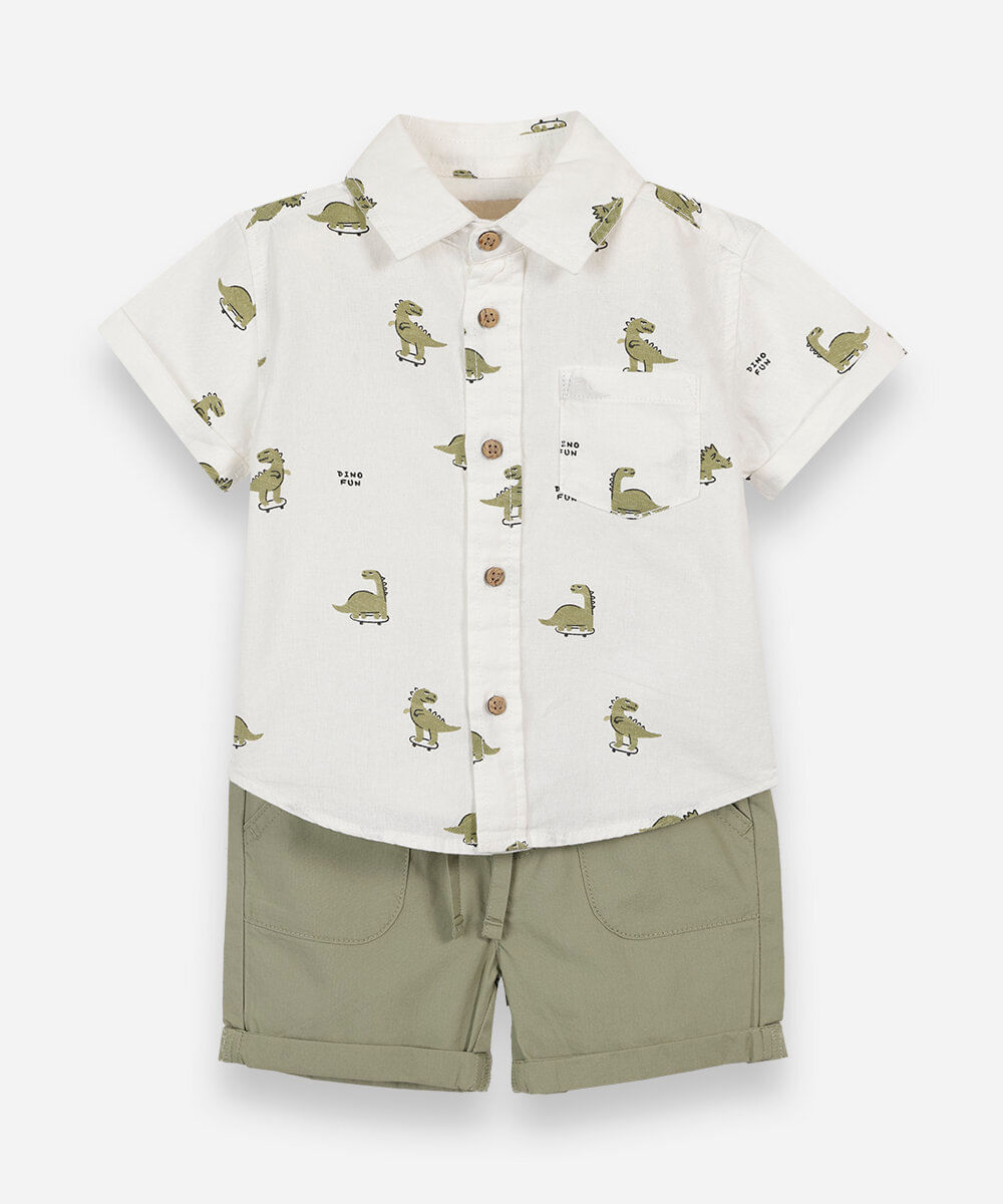 conjunto curto infantil de algodão dino off white