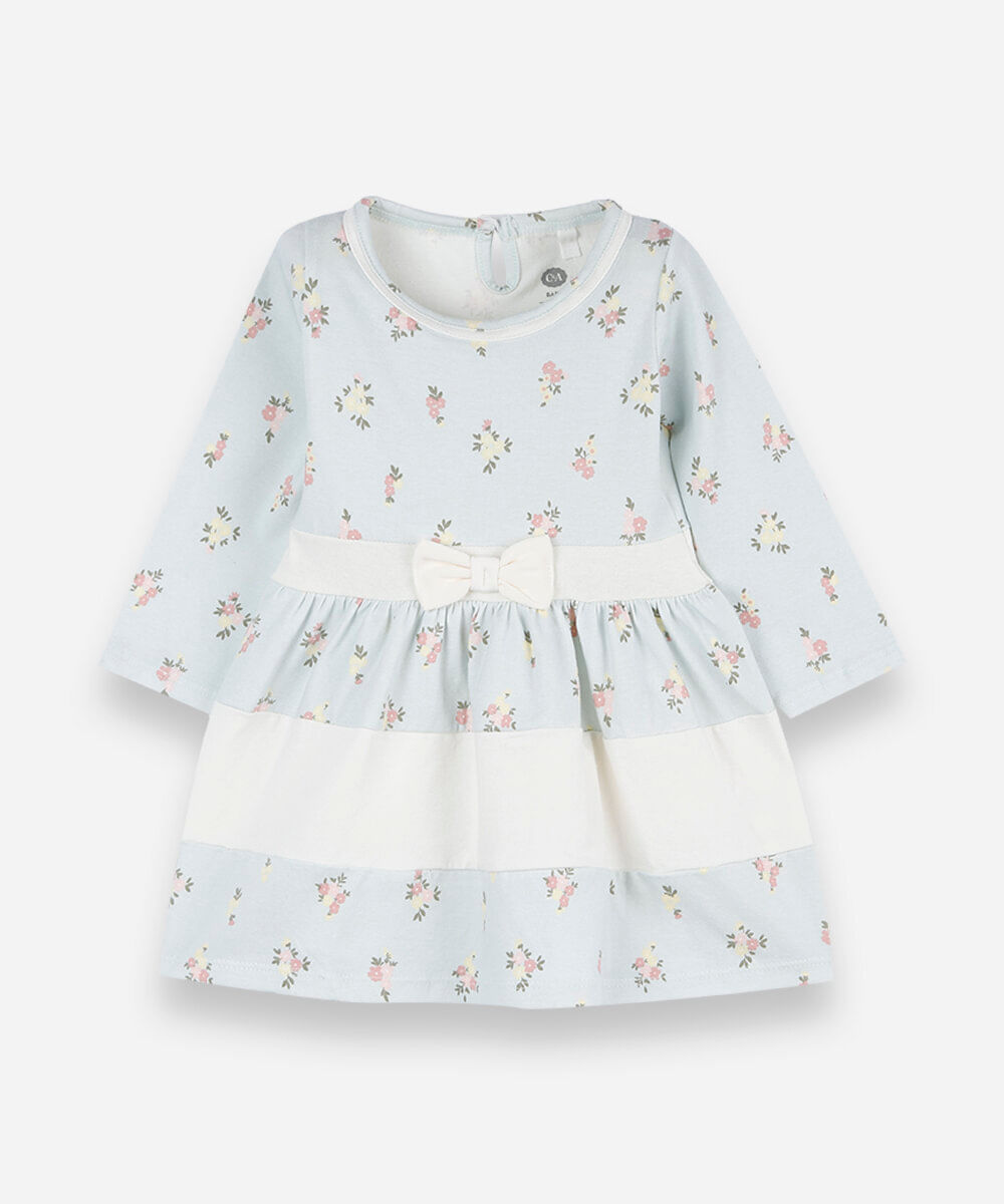 vestido infantil de algodão manga longa floral azul
