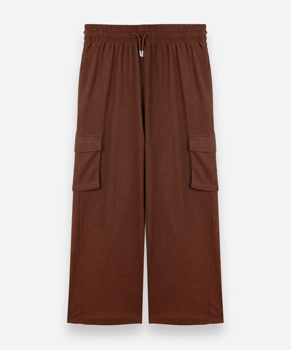 calça juvenil cargo wide leg texturizada marrom