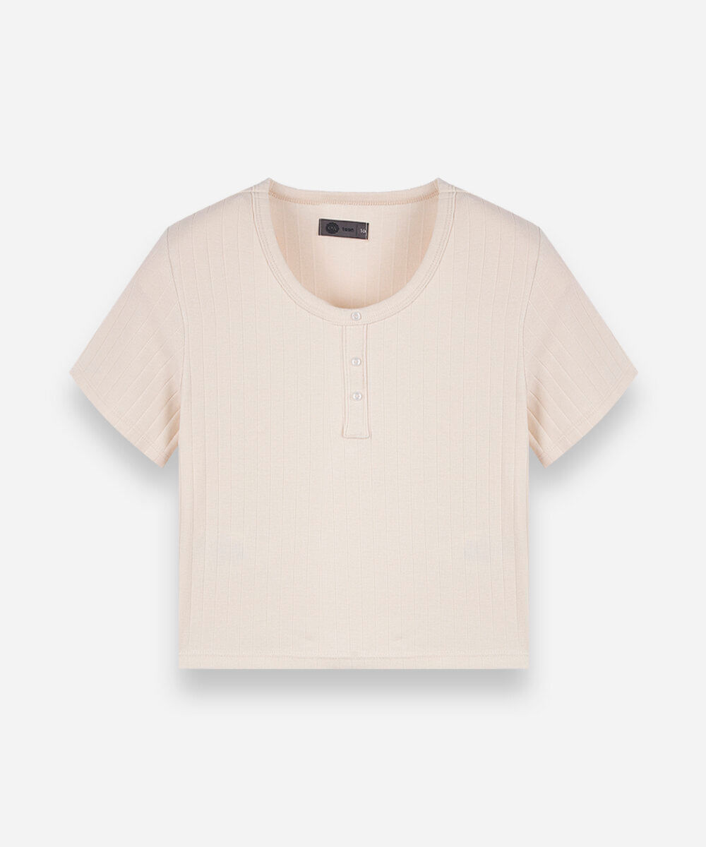 blusa juvenil de algodão com botões canelada bege